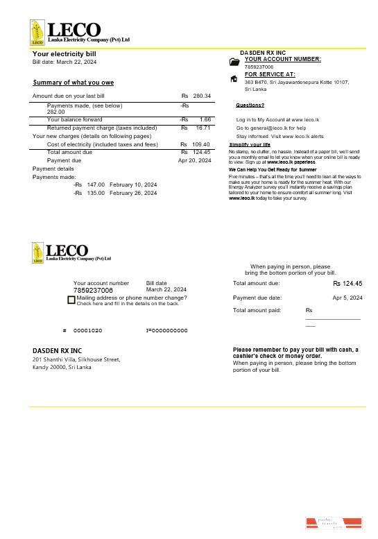 Sri Lanka LECO Company electricity business utility bill template in Word and PDF formats